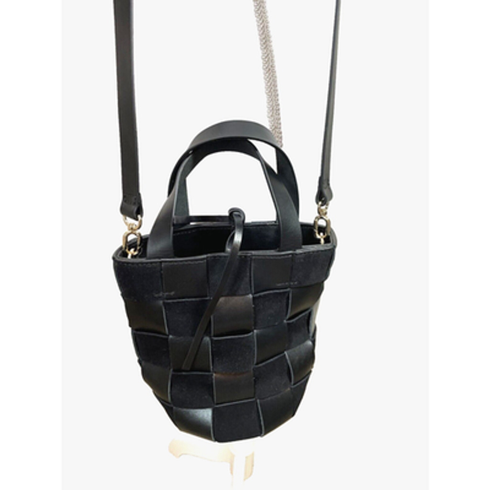 NWT J.Crew Purse Black Leather and Suede Woven Bucket Handbag Crossbody - Picture 3 of 10